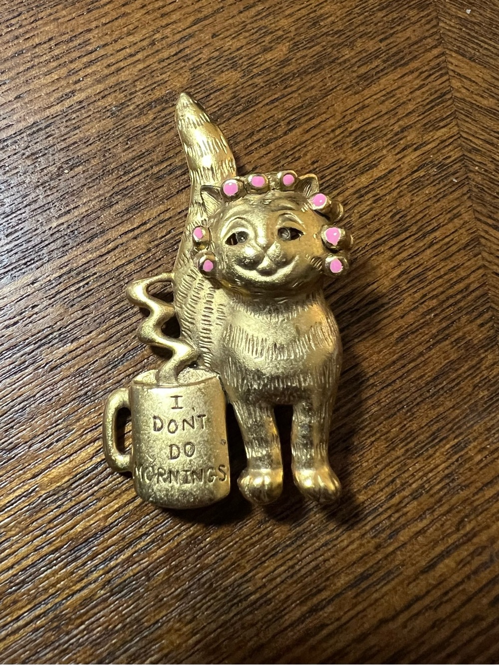 Vintage Danecraft Cat Brooch “I Don’t Do Mornings” Gold Tone Pink Enamel
